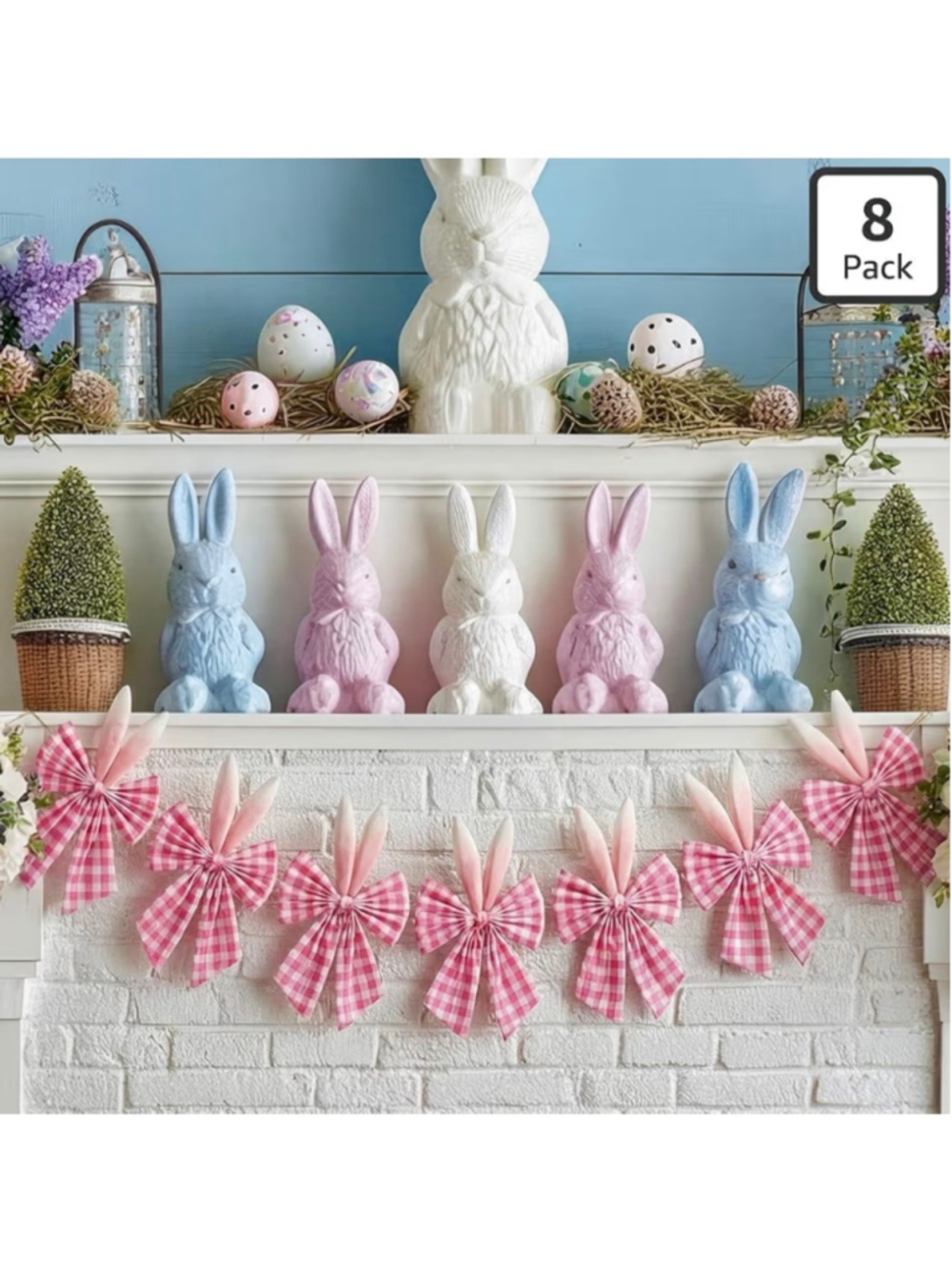 NEW 8.2ft Easter Bunny Pink Bow Garland Decorations Rabbit Ears Bow Plaid Velvet